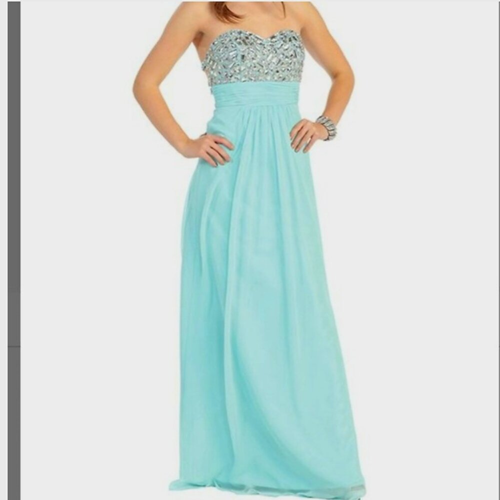 Strapless Beaded Aqua Evening Gown
